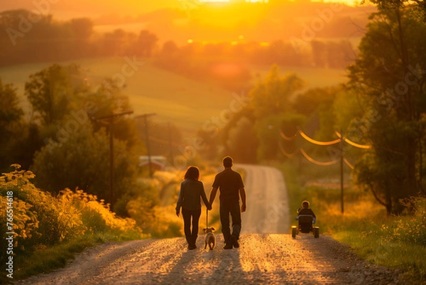Fototapeta A couple walking hand in hand at sunset with their dog and child