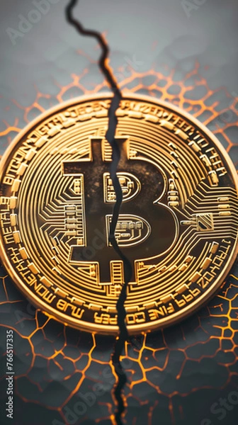 Fototapeta Bitcoin broken in half, golden crypto coin split in two, bitcoin halving concept