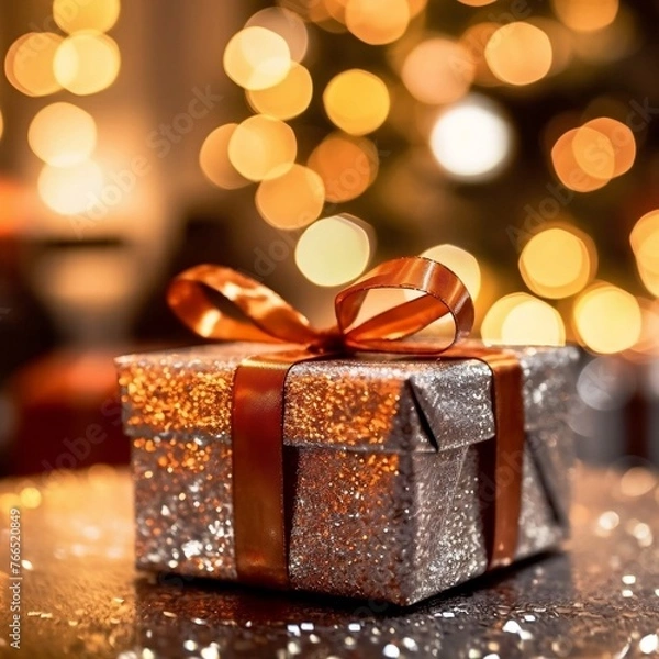 Fototapeta Christmas Gift Box with Red Ribbon and Tree in Background
