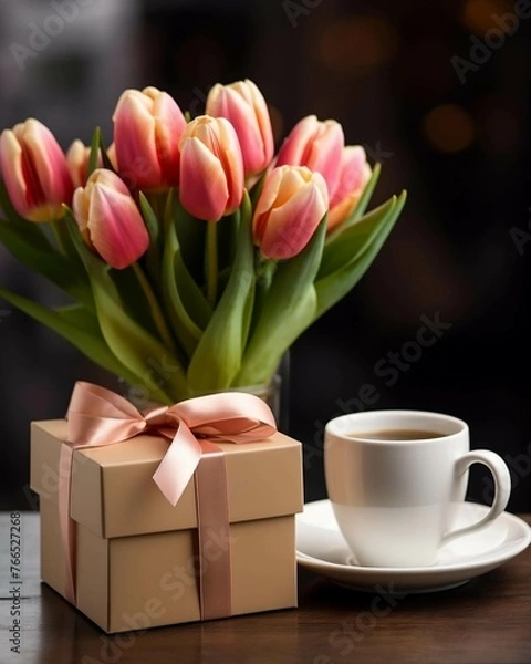 Fototapeta Spring Coffee and Gift Concept with Tulips and Open Box
