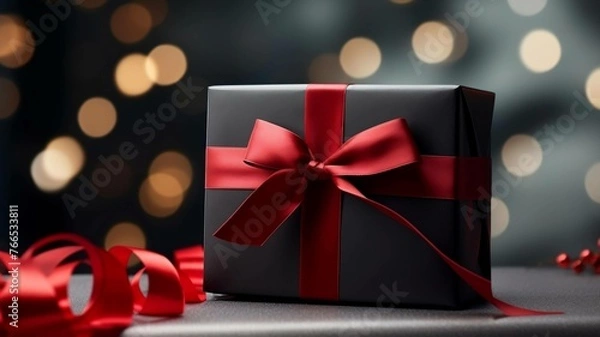 Fototapeta Black Gift Box with Red Ribbon on an Elegantly Decorated Table

