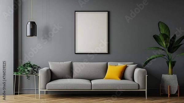 Fototapeta A minimalist interior with a grey sofa and pops of yellow, featuring a perfectly placed hanging poster mockup, all captured in HD.