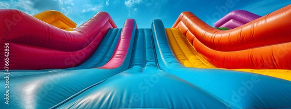 Obraz Colorful and bright bounce house outside. Colorful bouncy castle slide for children playground.