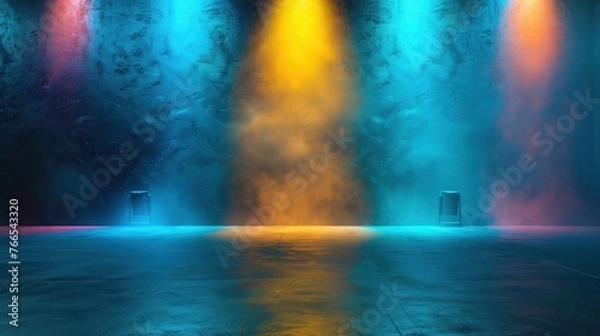 Fototapeta Empty modern stage with bright background for performance, stage lighting with blue and yellow spotlights for dance performance