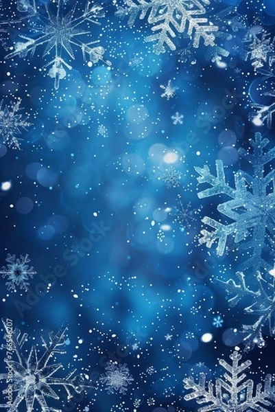 Fototapeta Blue Sparkling Winter Wonderland Background, Snow, Snowflakes, Bokeh, Vertical Christmas Illustration.  Generative AI.
