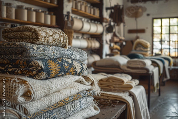Fototapeta Artisanal Wool and Textile Display in a Country Farm Store. Eco-conscious Rustic Interior with Organic Handcrafted Clothing and Blankets