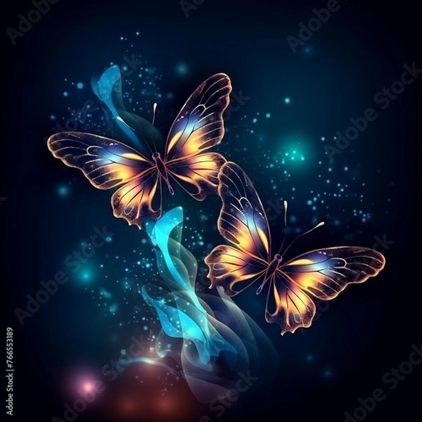 Obraz Night glowing butterflies on dark abstract background