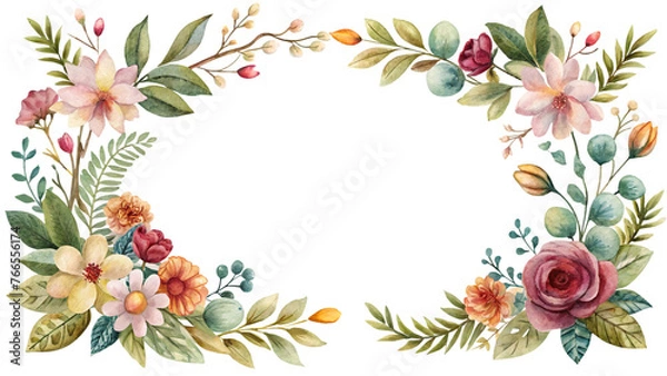 Fototapeta Floral frame with different flowers, isolated decorative illustration