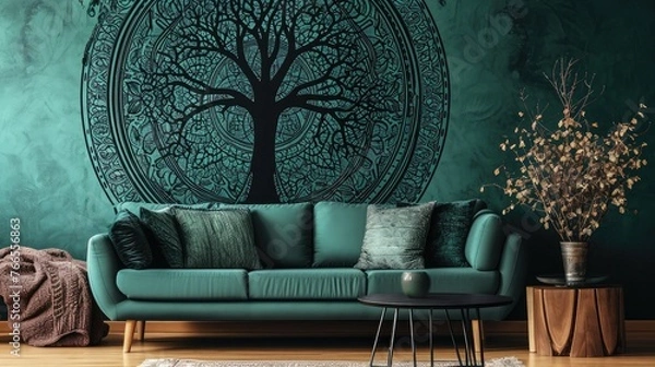 Fototapeta a mesmerizing tree mandala pattern on a serene, solid-colored wall background with a cozy sofa.
