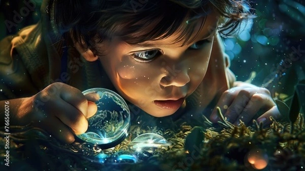 Obraz A curious child exploring the wonders of science through a magnifying glass, eyes wide with wonder.