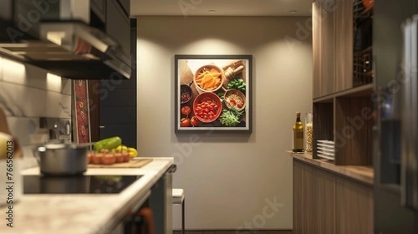 Fototapeta A contemporary kitchen design featuring a stainless steel frame mockup displaying culinary-themed artwork.