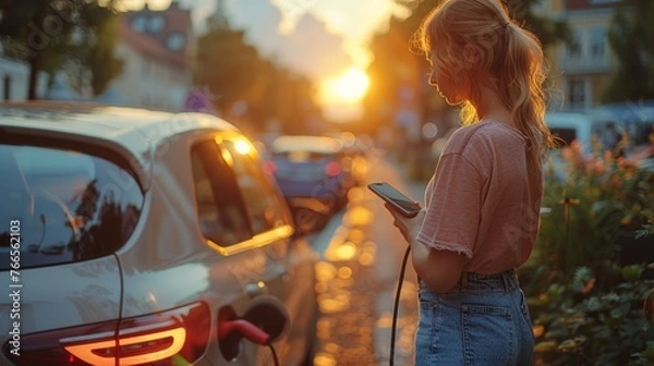 Fototapeta Woman charging electric car at the charging station and using mobile phone