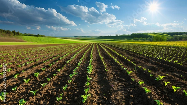 Fototapeta Plowed spring farm fields with sprouts. Sunny weather. Agriculture.