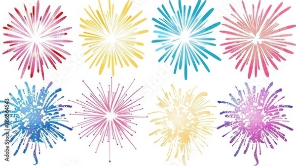 Obraz A collection of clipart fireworks, bursting with energy and color, set against a backdrop of pristine white.