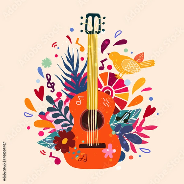 Obraz Guitar flat hand drawn vector illustration. Vector