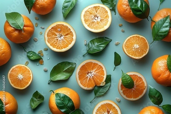 Fototapeta Vibrant oranges enhance the gentle blue canvas with scattered foliage.