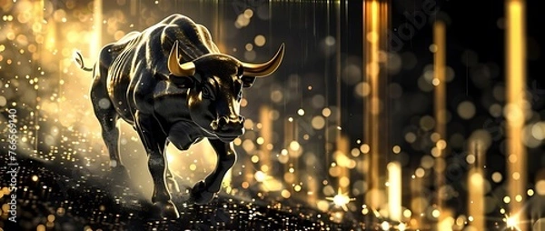 Fototapeta Bull financial infographic stock market chart bull market award in gold and black color with copy space area as wide banner. Generative AI