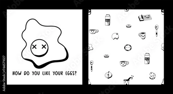 Obraz Sunny side up egg card. Yummy food. Text. Cute character. Baby print. Vector seamless pattern. Doodles for kids. Perfect for printing on the fabric, design package and cover