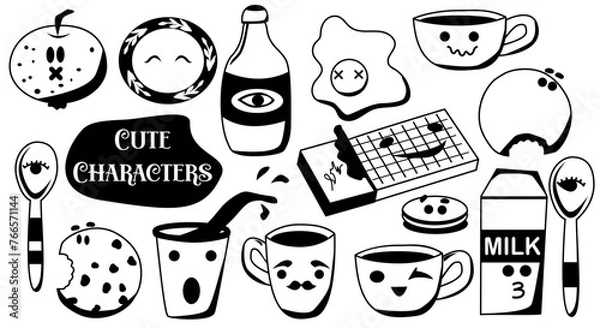 Obraz Cute characters set. Yummy food. Milk, cookies, cup, mug, chocolate. Baby print. Vector bw illustration. Doodles for kids. Perfect for printing on the fabric, design package and cover