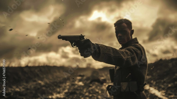 Fototapeta an man holding a gun in a war field.generative ai