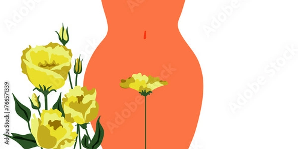 Obraz Women's health. Female hips. Bikini line. Abstract flowers. The topic of female intimate depilation and hygiene. Vector illustration. Place for text	