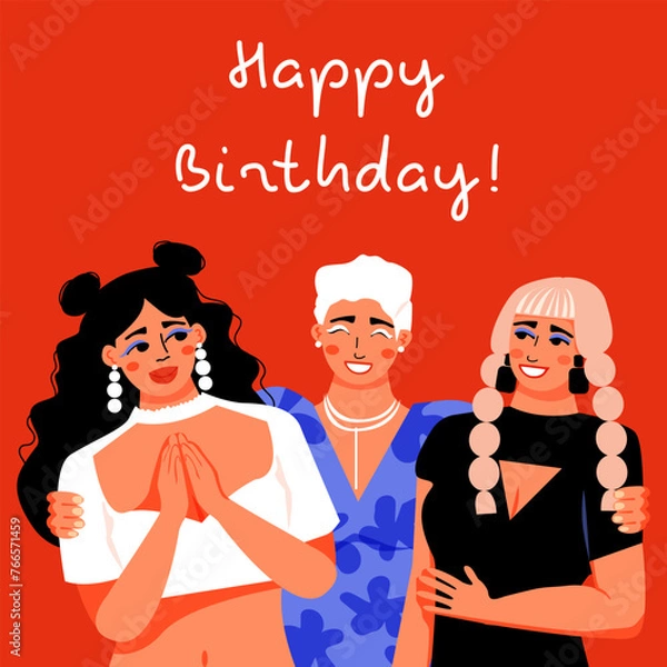 Obraz Happy birthday! Women hugging. Friends on the Party. Greeting card. Vector illustration