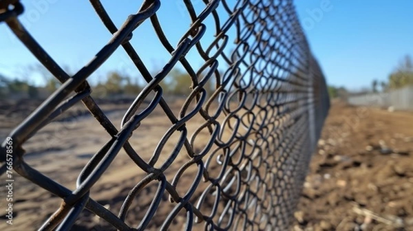 Fototapeta A close-up perspective shot of an aged chain-link fence, highlighting its woven metal details against a blurred outdoor background