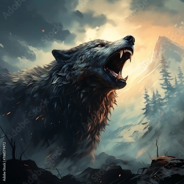 Obraz Digital illustration art painting a wolf howling in the wild, a big fool moon, and clouds is the background. 