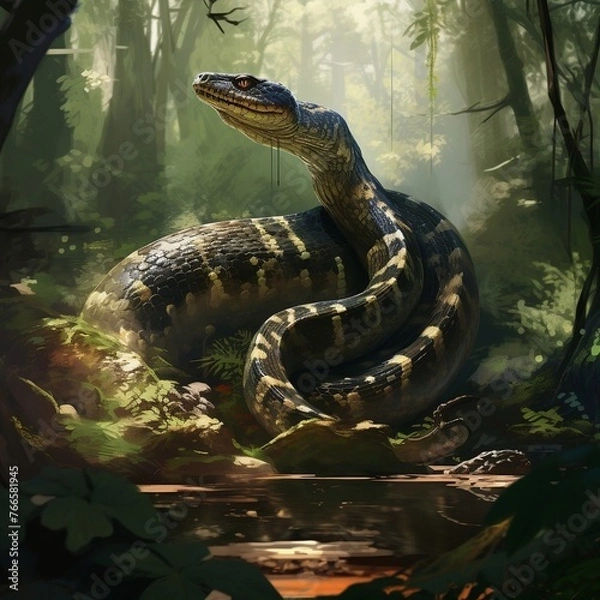 Obraz Digital painting of an anaconda in the forest in the dead landscape