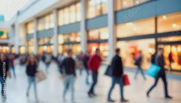 Fototapeta Blurred crowd walking in the street. Blurred background of a modern shopping mall, motion blur. blurred shoppers with shopping bags  created with generative ai