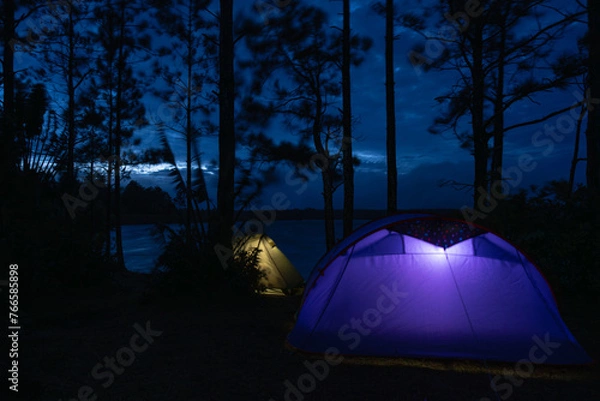 Fototapeta View of camping tents at a camping site in Mare Longue, Mauritius
