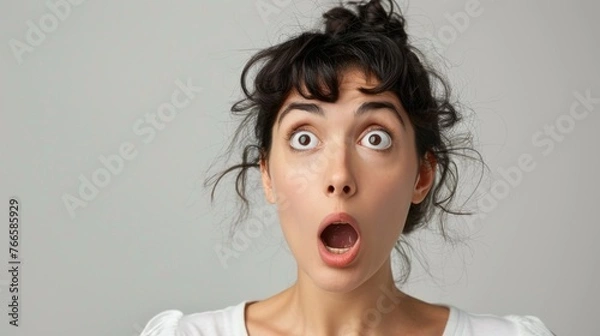 Fototapeta A woman's face displays an exaggerated expression of surprise, with bulging eyes and a gaping mouth, epitomizing a moment of utter astonishment.
