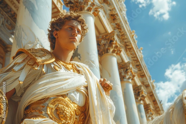 Fototapeta Majestic Apollo, the god of the sun, poised with his golden chariot, ready to embark on his daily journey across the sky. Concept of solar deity and celestial movement in Greek. Generative Ai.