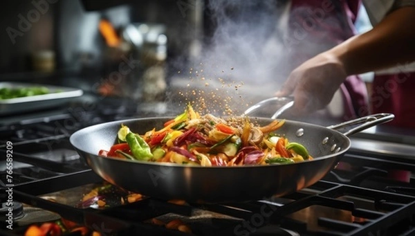 Fototapeta Professional chef cooking. He cooks the dish in a frying pan with an open flame. He works in a modern kitchen where different ingredients lie.