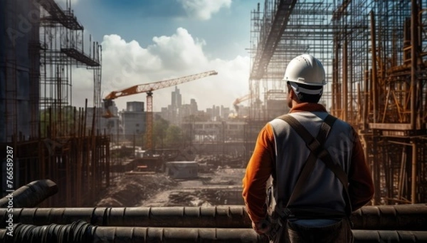 Fototapeta Background: A worker wearing a hard hat and safety vests walks through the construction site of an industrial building. In the background there is a crane, concrete frames of a skyscraper