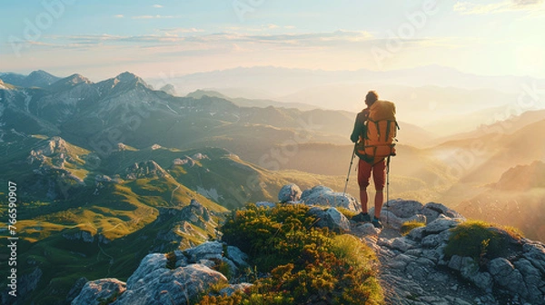 Obraz A lone hiker positioned at the brink of a stunning mountain view, with the expansive scenery unfolding ahead.
