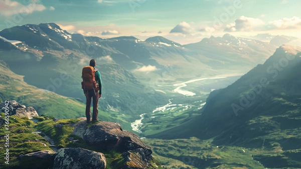 Obraz A lone hiker positioned at the brink of a stunning mountain view, with the expansive scenery unfolding ahead.