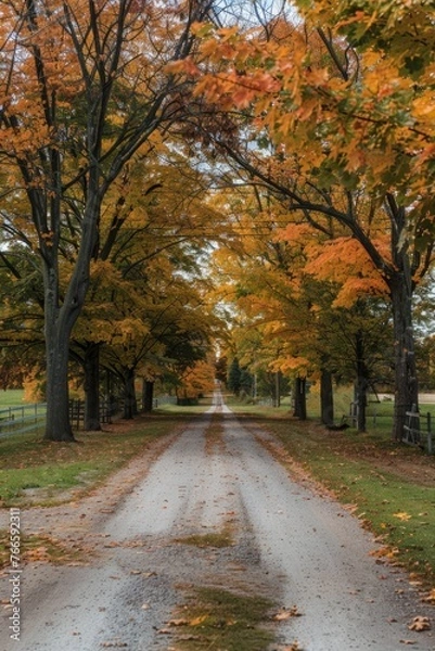 Fototapeta A scenic dirt road surrounded by trees. Ideal for nature and travel concepts
