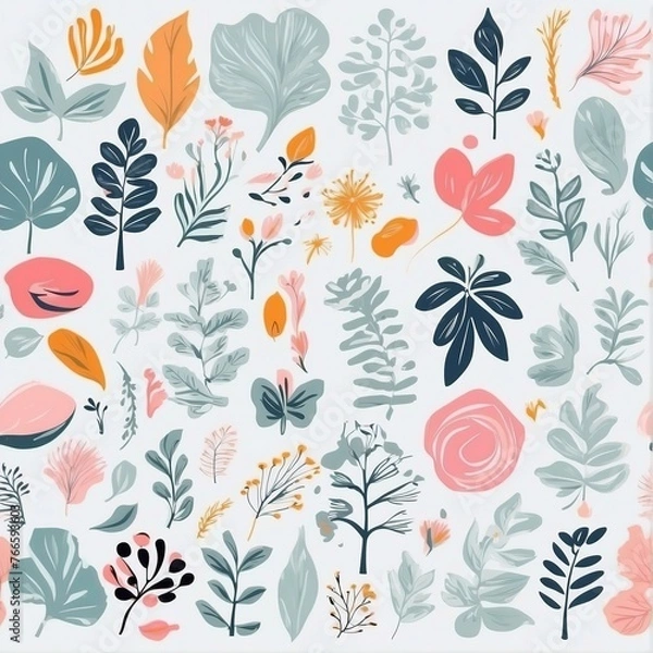Fototapeta A collection of seamless pattern, colorful abstract plants and flowers. Hand drawn Collection of leaves and flowers. A close up of a pattern of flowers and leaves.
