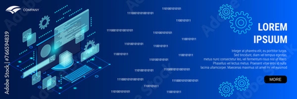 Fototapeta Digital technology banner vector design template. Graphic user interface construction, application development, CMS flat 3d isometric concept