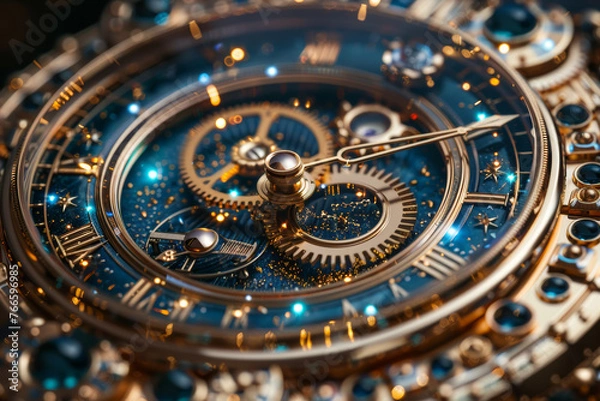 Fototapeta Abstract clock mechanism with gears shaped like celestial bodies, depicting the cosmic orchestration of time. Concept of celestial timekeeping. Generative Ai.