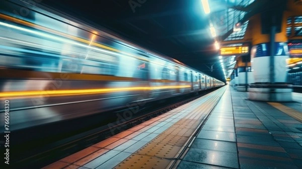 Fototapeta Blurry image of a train approaching on the tracks, suitable for transportation concepts