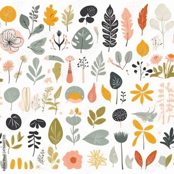 Fototapeta A collection of seamless pattern, colorful abstract plants and flowers. Hand drawn Collection of leaves and flowers. A close up of a pattern of flowers and leaves.
