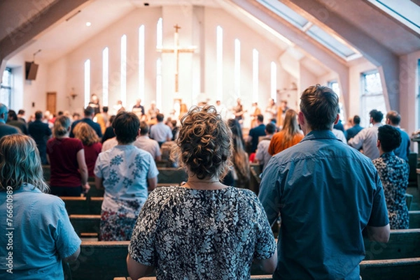 Fototapeta Back view of a diverse congregation standing together in worship inside a modern church, a scene of community and spirituality.

