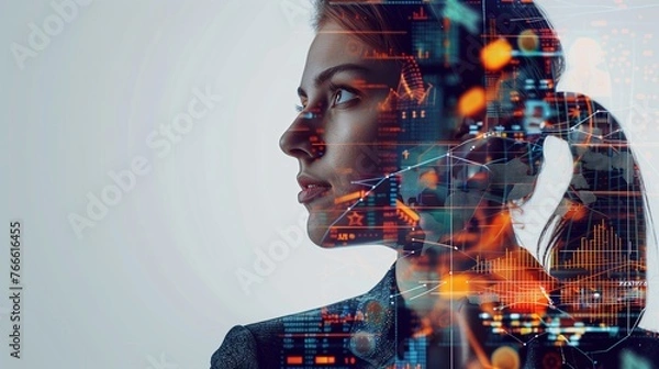Fototapeta Visionary Analyst: Double Exposure with Digital Finance Landscape.