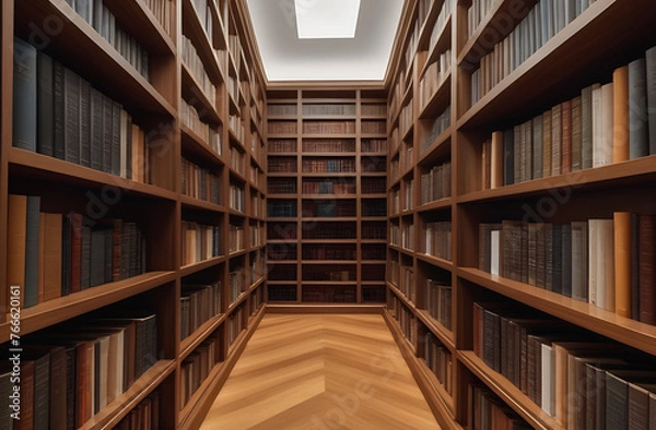 Fototapeta Library interior design with massive bookshelves and concrete floor, realistic illustration