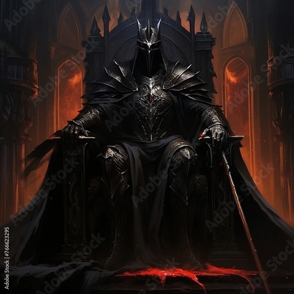 Obraz The Dark Lord sits on the throne, the black knight is the king, dark fantasy painting illustration
