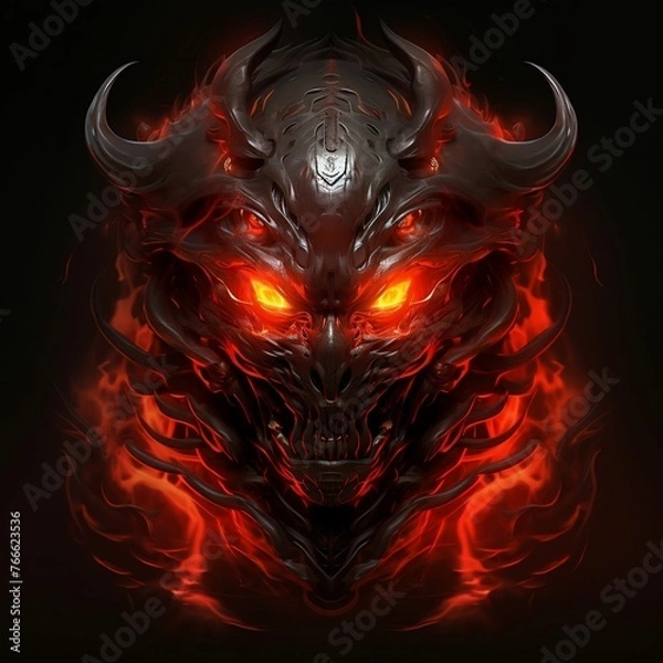 Obraz Digital painting of fire devil cyborg samurai face, 3D rendering