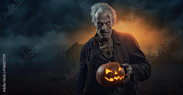 Fototapeta Scary old man holding a pumpkin on Halloween night. Generative AI