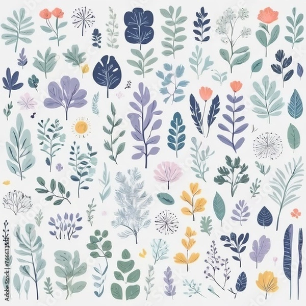 Fototapeta A collection of seamless pattern, colorful abstract plants and flowers. Hand drawn Collection of leaves and flowers. A close up of a pattern of flowers and leaves.
